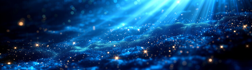 Sunbeams pierce through a celestial sea of blue, where star-like particles meet in a cosmic ballet