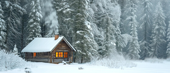 Naklejka premium A cozy cabin with glowing windows stands serene against a frosty forest backdrop, smoke rising from its chimney