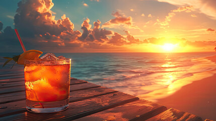 Cocktailgenuss beim Sonnenuntergang am Strand - obrazy, fototapety, plakaty