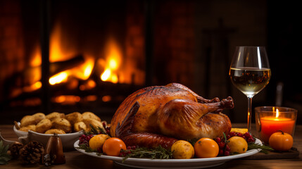 A cozy holiday feast awaits with a glistening turkey, golden potatoes, and a warm fire crackling in the background