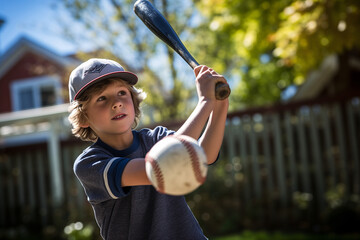 close up child wearing baseball cap and holding baseball bat in park, a boy playing baseball outdoor