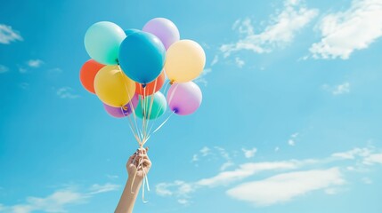 festive celebration on balloons around the world day, female hand releases colorful balloons into the sky, creating a cheerful web wide banner