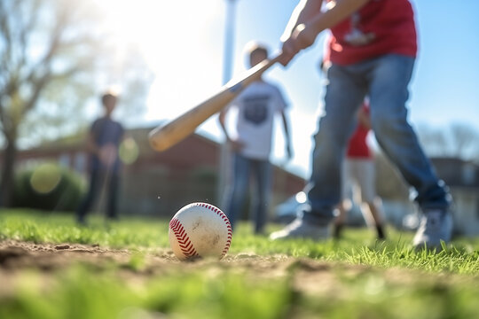 close up of kids playing baseball in backyard, focus shot of baseball with kids in the background