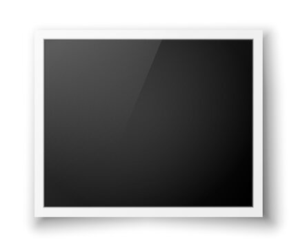Realistic wide photo frame with glare on a white background. Retro photo frame with a shadow highlighted on a transparent background. Vector illustration.