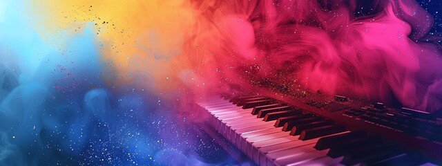 abstract dust background with colorful piano keyboard for world music day celebration - obrazy, fototapety, plakaty