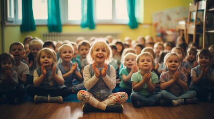 Fototapeta premium Diverse group of young nursery school kids clapping happily in a classroom setting