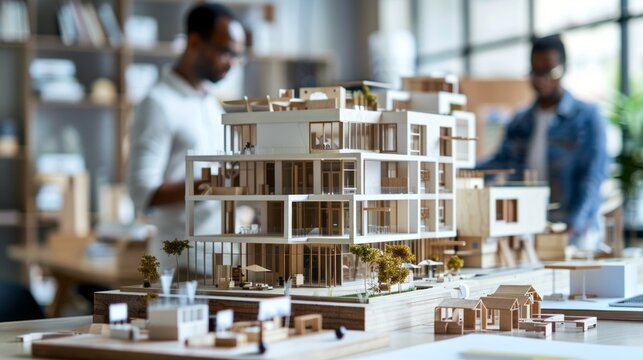 Three diverse architects collaborating on modern office building design with intensity and focus