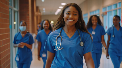 Smiling African American Nurse Leading Team in Hospital Hallway - obrazy, fototapety, plakaty