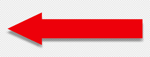 The red icon is a solid long arrow pointing left, backward on a transparent background. Arrow icon, pointer, road sign. Vector EPS 10.