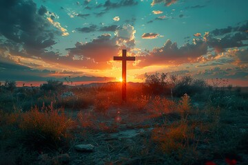 Christian Cross on a field at sunset - obrazy, fototapety, plakaty