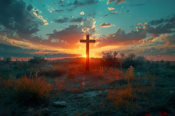 Fotobehang Christian Cross on a field at sunset © Poulami