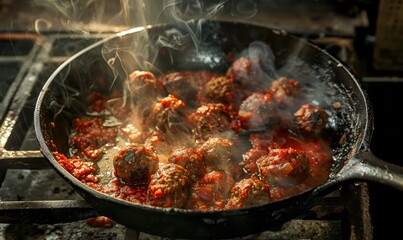 Delicious meatballs simmering in rich tomato sauce, cooking in an iron skillet atop a gas stove