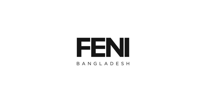 Feni in the Bangladesh emblem. The design features a geometric style, vector illustration with bold typography in a modern font. The graphic slogan lettering.