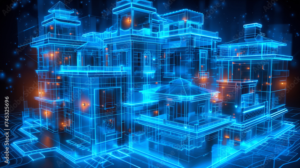 Poster digital modeling: hologram showing detailed blueprint for a futuristic skyscraper
