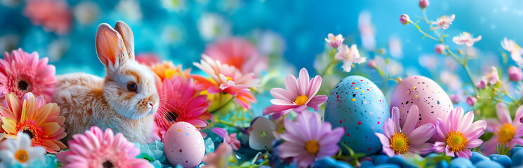 A cute bunny surrounded by bright flowers, with Easter eggs nearby. It can be used for holiday cards or decoration during Easter celebrations.