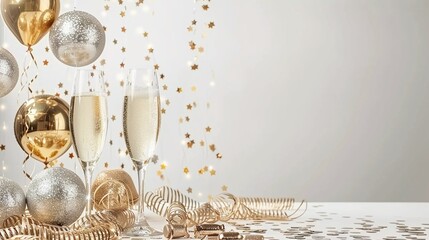 sparkling white and gold background for a luxury new years eve celebration with balloons, disco balls, confetti, and champagne glasses, offering generous copy space for your festive announcements