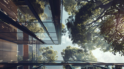 Modern Glass Office Building Amidst Lush Green Trees Under Clear Sky