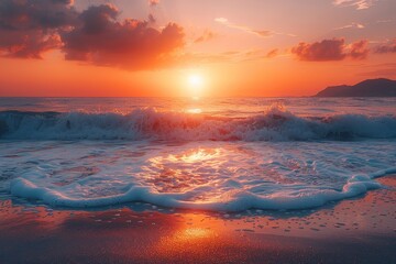 Calming sunset over a beach, with golden sunlight reflecting off gentle ocean waves breaking onto the shore
