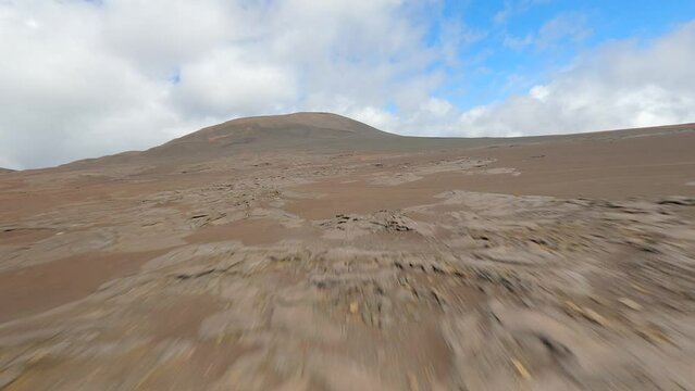 Piton de la Fournaise volcano in Reunion island FPV drone aerial view 