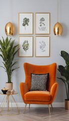 Stylish compositon of retro home interior with mock up poster frame, vintage orange chair, velvet...