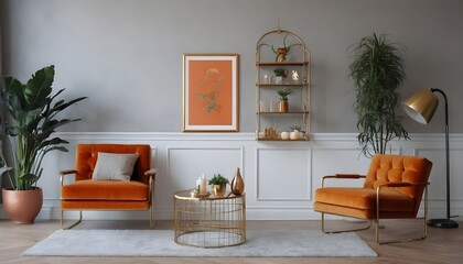 Stylish compositon of retro home interior with mock up poster frame, vintage orange chair, velvet sofa, design lamps, gold shelf, plants and elegant accessories. Nice home decor of living rooms.