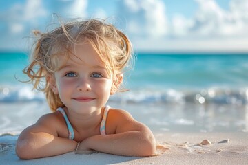 Happy young girl with chin resting on hands, beach and ocean background