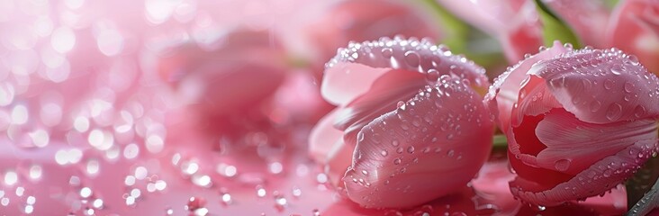 pink tulips with drops of water and a rose on pink background - 745326627