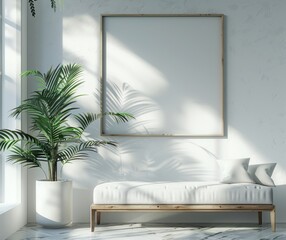 white wood frame near white sofa and plant with wooden frame