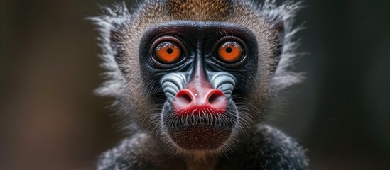 A close-up view of a vulnerable Mandrillus sphinx monkey, native to African rainforests, showing its striking orange eyes, white mouth, and red nose. - obrazy, fototapety, plakaty