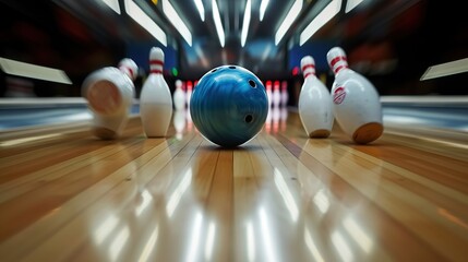 Motion blurr of a bowling alley. A dynamic scene A blue bowling ball - obrazy, fototapety, plakaty