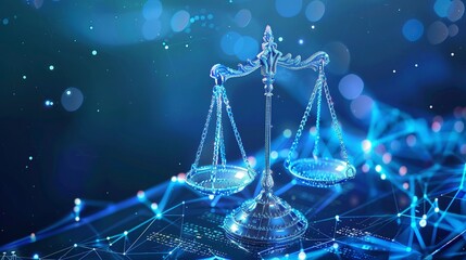 advocating for unbiased artificial intelligence: digital scales of justice in a futuristic blue data network background, highlighting fairness and equality in ethical AI systems - obrazy, fototapety, plakaty
