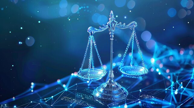 advocating for unbiased artificial intelligence: digital scales of justice in a futuristic blue data network background, highlighting fairness and equality in ethical AI systems