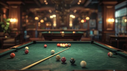 A Snooker Pool Table With Dim Light Featuring Billiards Balls Background. 3d Rendering - obrazy, fototapety, plakaty