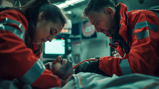 Paramedics performing CPR on a patient, focused and determined, critical moment of life-saving efforts, emergency medical services in action - Powered by Adobe