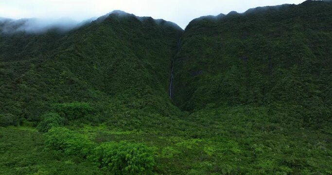 Biberon waterfall aerial view in Reunion island by drone