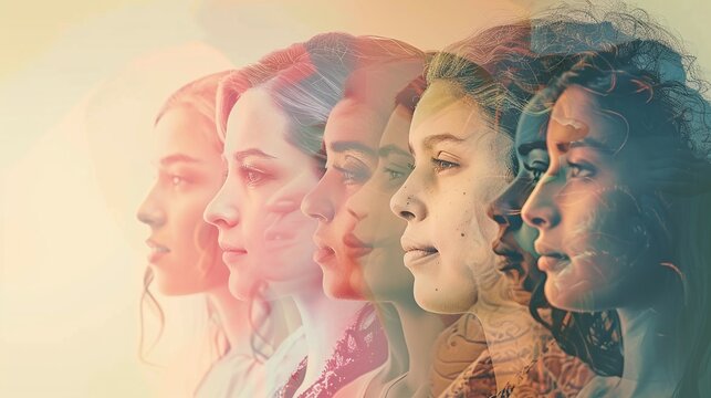 embracing diversity and feminism: a concept of women's empowerment showcasing diverse faces representing different ages, nationalities, and religions