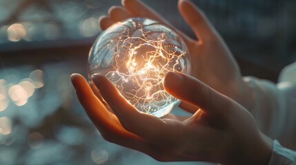 finding equilibrium between technological progress and ethical considerations, illustrated by human hands gently clasping a transparent, glowing orb - obrazy, fototapety, plakaty