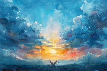 Watercolor illustration of hands with a cross in the sky and clouds - obrazy, fototapety, plakaty