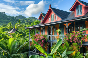 Traditional Creole-style architecture in the Seychelles, colorful houses surrounded by lush tropical vegetation, cultural charm and heritage - obrazy, fototapety, plakaty