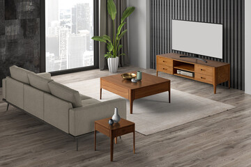 3d rendering Cabinet TV in modern living room with sofa ,coffee table ,flower and plant 