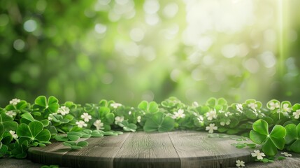 Green background banner for St. Patrick's Day wood podium for product showcase with four-leaf and clover - obrazy, fototapety, plakaty