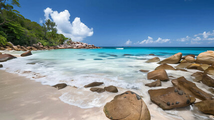 Pristine white sand beach with crystal clear turquoise waters in the Seychelles, granite boulders...