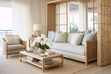 Bamboo Beachside Living: Coastal Cottage Room with Sandy Tones and Bamboo Divider