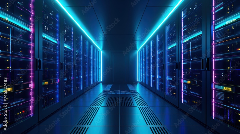Poster abstract data center network system. server racks in server room data center .computer network secur
