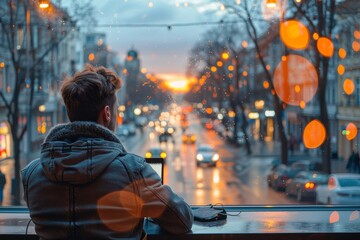 Obraz premium A contemplative man gazes upon a bustling city street as the sun sets, causing bokeh lights effect on the window