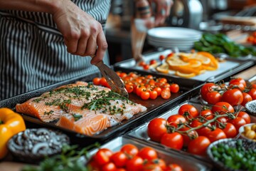 Obraz premium Close-up of a chef's hands seasoning a fresh salmon fillet amid a display of vibrant vegetables and herbs