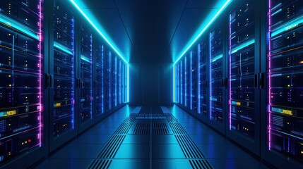 Fototapeta premium Abstract data center network system. Server racks in server room data center .computer network security concept.