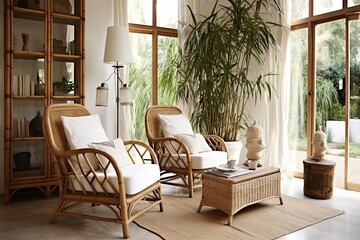 Fototapeta premium Bamboo Furniture Living Room Ideas: Cozy Farmhouse Touch with White Walls and Bamboo Chairs