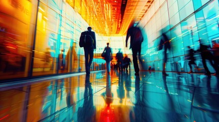 Vibrant business environment with individuals moving around in a blurred motion within a contemporary office setting. - obrazy, fototapety, plakaty