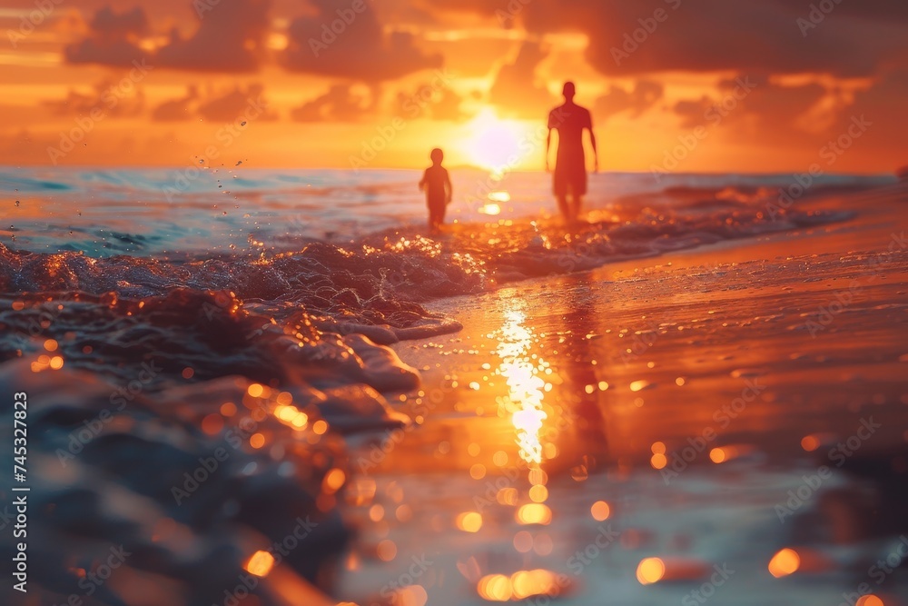 Wall mural A warm, golden sunset reflecting on the beach as silhouetted figures walk near the water's edge, creating a serene atmosphere - Wall murals